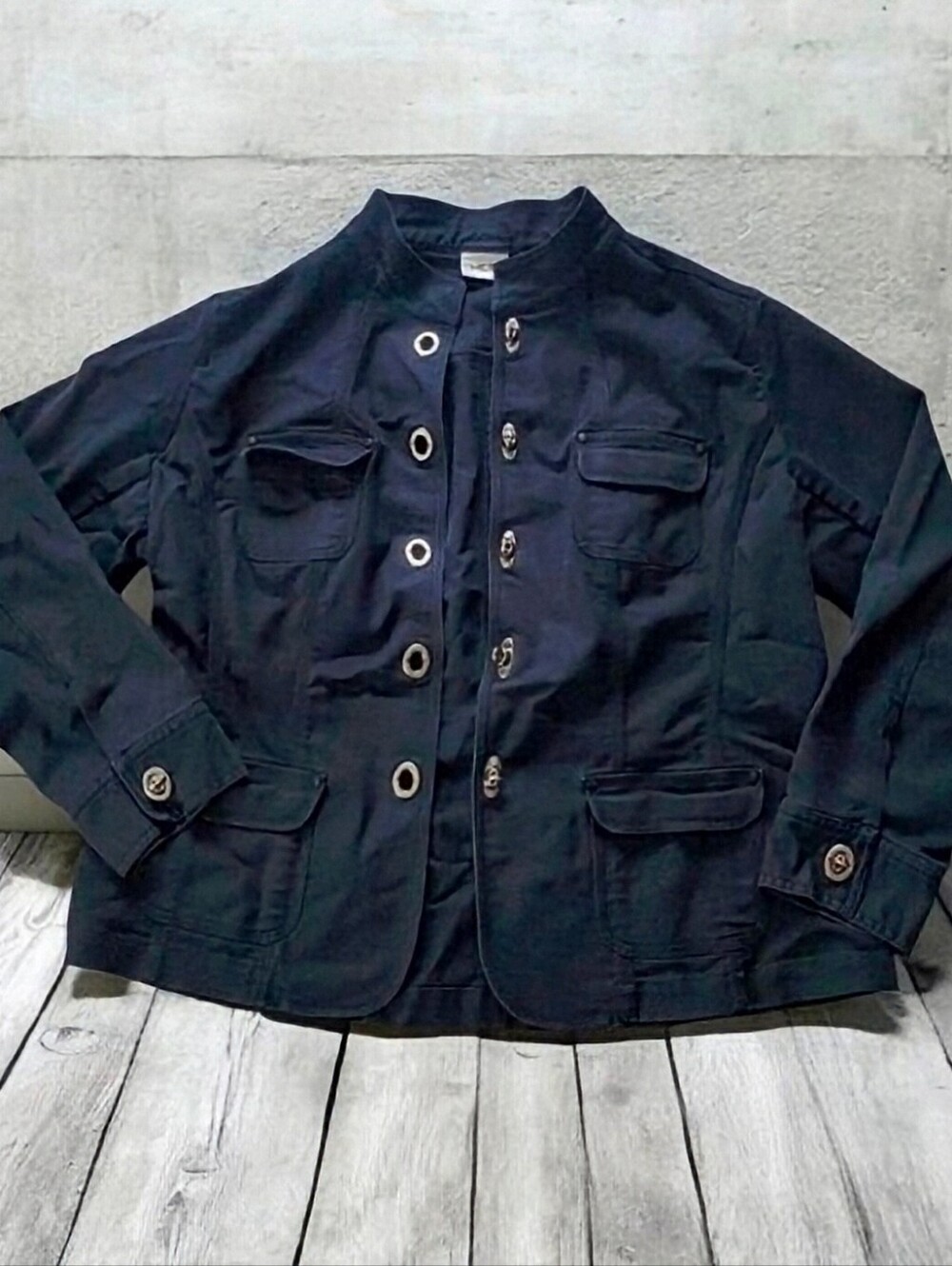 Chico's Military Style Jacket Unique Silver Accents Mandarin Collar Sz 2 (12-14)